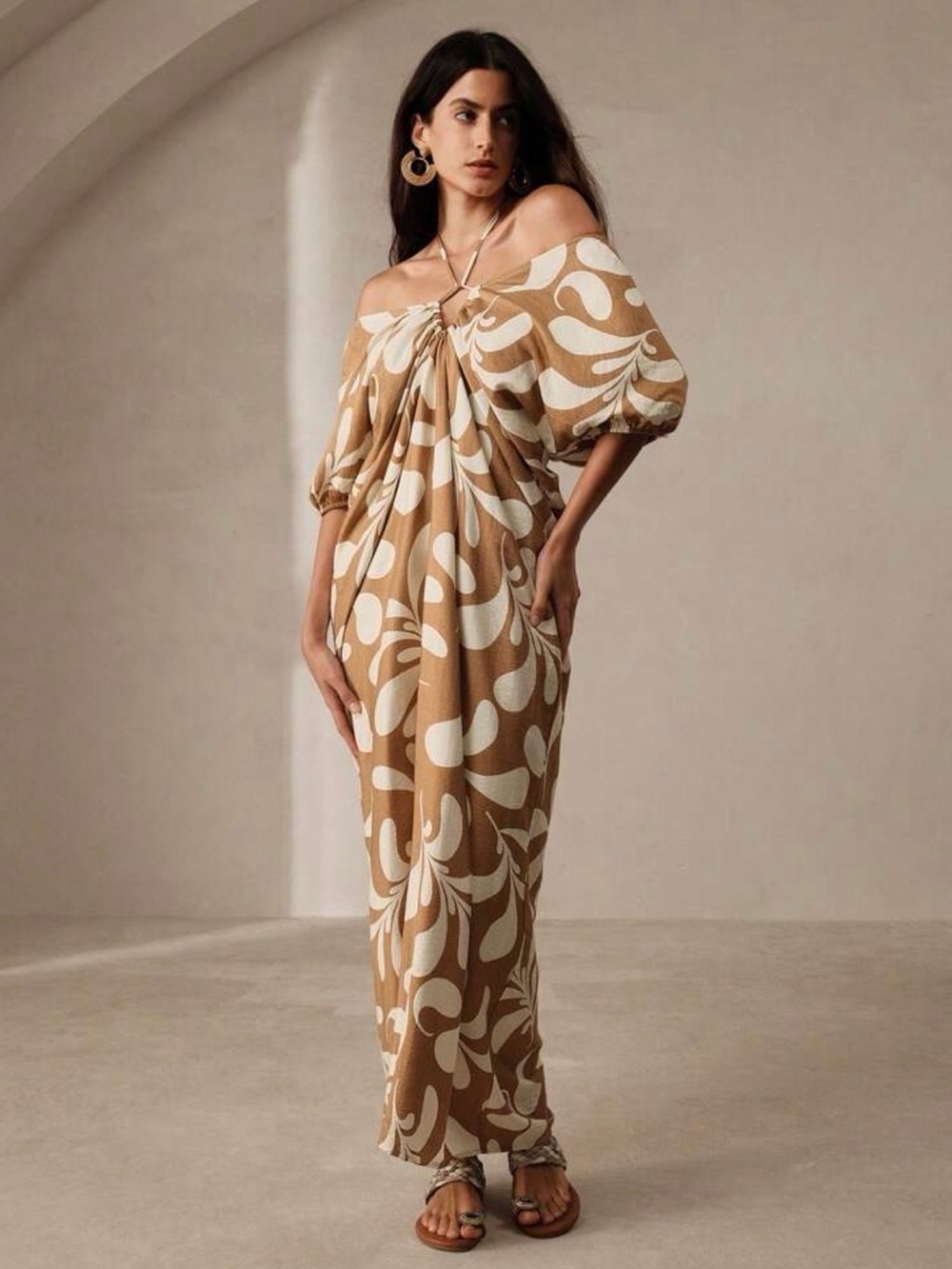 Off-Shoulder Tan & White Maxi Dress